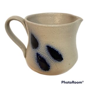 Stoneware Studio Pottery Creamer Pitcher Blue Floral Art Vintage